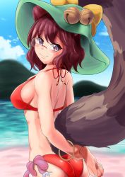 Rule 34 | 1girl, animal ears, ass, beach, bell, bikini, blue sky, blush, bracelet, breasts, commentary request, day, futatsuiwa mamizou, glasses, green hat, halterneck, hat, hat bell, highres, jewelry, jingle bell, large breasts, looking at viewer, looking back, nioti, ocean, outdoors, pince-nez, raccoon ears, raccoon tail, red bikini, short hair, sideboob, sky, smile, solo, swimsuit, tail, tanuki, touhou
