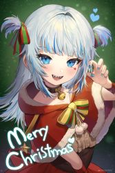 Rule 34 | 1girl, :d, blue eyes, blurry, christmas, depth of field, gawr gura, heart, highres, hololive, hololive english, lerome, looking at viewer, merry christmas, multicolored hair, open mouth, santa costume, sharp teeth, silver hair, simple background, smile, solo, streaked hair, teeth, two side up, virtual youtuber