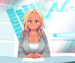 Rule 34 | 1girl, bad id, bad pixiv id, blonde hair, blue eyes, blush, breasts, cleavage, desk, formal, hori, hori (hori no su), huge breasts, lipstick, long hair, looking at viewer, makeup, microphone, news, newscaster, original, paper, sitting, smile, solo, suit, tan