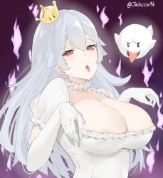 Rule 34 | 1girl, boo (mario), breasts, cleavage, crown, dress, frilled dress, frilled gloves, frills, gender request, genderswap, ghost pose, gloves, hair between eyes, hitodama, j@ck, large breasts, long hair, looking at viewer, luigi&#039;s mansion, mario (series), mini crown, new super mario bros. u deluxe, nintendo, open mouth, princess king boo, puffy short sleeves, puffy sleeves, red eyes, sharp teeth, short sleeves, solo, super crown, teeth, tilted headwear, tongue, tongue out, transformation, twitter username, upper body, white dress, white hair