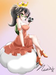 Rule 34 | 1girl, absurdres, armband, bad leg, bare shoulders, black hair, breasts, camcorder, cloud, crossed legs, dress, glasses, green eyes, high heels, highres, lakitu, large breasts, long hair, looking at viewer, mario (series), new super mario bros. u deluxe, nintendo, ponytail, red dress, shell, signature, simple background, sitting, smile, solo, super crown, video camera, weaver neith
