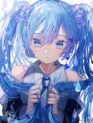 Rule 34 | 1girl, 39, :&lt;, artist logo, bare shoulders, black sleeves, blue eyes, blue necktie, blush, closed mouth, commentary request, detached sleeves, earrings, eyebrows hidden by hair, flower, grey shirt, hair between eyes, hair flower, hair ornament, hands up, harumi nimu, hatsune miku, highres, holding, holding hair, jewelry, light particles, long hair, looking at viewer, necklace, necktie, number tattoo, pearl necklace, shirt, sleeveless, sleeveless shirt, solo, tattoo, twintails, upper body, very long hair, vocaloid