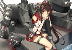 Rule 34 | 1girl, bad id, bad pixiv id, bare shoulders, blush, breasts, brown eyes, brown hair, cannon, cherry blossoms, commentary, detached sleeves, dock, flower, hair flower, hair ornament, hands on own knee, head rest, headgear, highres, hip vent, kantai collection, knee up, large breasts, long hair, looking at viewer, machinery, miniskirt, oil-paper umbrella, open mouth, pallad, ponytail, rigging, single thighhigh, sitting, skirt, smile, solo, tassel, thighhighs, turret, umbrella, very long hair, yamato (kancolle)