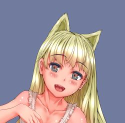 Rule 34 | 1girl, animal ears, aqua eyes, bad id, bad pixiv id, blonde hair, blue background, blush, close-up, collarbone, ewokaku kitsune, eyebrows, eyelashes, fangs, frills, gradient eyes, hand up, long hair, looking at viewer, multicolored eyes, open mouth, original, shiny skin, simple background, solo, tongue, underwear, underwear only, upper body, very long hair