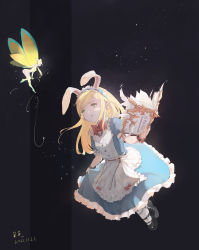 Rule 34 | 1girl, absurdres, alice (alice in wonderland), alice (alice in wonderland) (cosplay), alice in wonderland, animal ears, warrior of light (ff14), blonde hair, book, cosplay, dark background, dated, dress, fairy, final fantasy, final fantasy xiv, frilled dress, frills, green eyes, hairband, highres, holding, holding book, iridescent-usee, lalafell, long hair, pointy ears, rabbit ears, scholar (final fantasy), selene (ff14), solo, swept bangs