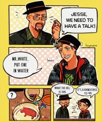 Rule 34 | absurdres, animification, beard, black shirt, blonde hair, blue eyes, blush stickers, breaking bad, comic, facial hair, glasses, hat, highres, huyandere, jesse pinkman, multiple boys, open mouth, parody, pill, shirt, twitter username, walter white, water