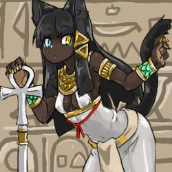 Rule 34 | animal ears, ankh, cat tail, dark skin, egyptian, gold, heterochromia, long hair, lots of jewelry, nail polish, null (null man), tail, yellow nails