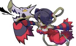 Rule 34 | 1girl, alternate color, blue hair, blue skin, breasts, cleavage, colored skin, detached collar, detached sleeves, dress, hair over one eye, highres, keep charge, leviathan (skullgirls), side ponytail, skullgirls, squigly (skullgirls), white background, yellow eyes, zombie