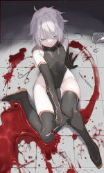 Rule 34 | 1girl, absurdres, arm support, beaker, black footwear, black gloves, black leotard, blood, blood on ground, bloody knife, blue eyes, boots, broken glass, chromatic aberration, colored eyelashes, covered erect nipples, covered navel, elbow gloves, expressionless, female focus, flat chest, from above, full body, glass, gloves, hair between eyes, hand on own knee, highres, hinamori (18ar0), holding, holding knife, holding weapon, knife, leotard, original, scalpel, scissors, short hair, sitting, smeared blood, solo, thigh boots, tile floor, tiles, weapon, white hair