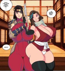 Rule 34 | 2girls, bodysuit, breasts, brown eyes, brown hair, cleavage, curvy, english text, covered erect nipples, huge breasts, jay-marvel, multiple girls, ninja, parted lips, red eyes, soul calibur, taki (soulcalibur), thick thighs, thighhighs, wide hips