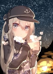 Rule 34 | 1girl, blue eyes, blush, camouflage, camouflage jacket, cup, earmuffs, expressionless, flat cap, hat, hibiki (kancolle), highres, holding, holding cup, hood, hood down, hooded jacket, jacket, kantai collection, long sleeves, looking at viewer, momimaki, night, night sky, one-hour drawing challenge, outdoors, silver hair, sky, solo, star (sky), starry sky, steam, upper body