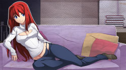 Rule 34 | 00s, 1girl, aozaki aoko, bikini jeans, blue eyes, breasts, chuunioniika, cleavage, cleavage cutout, clothing cutout, colorized, commission, couch, denim, feet, groin, hair intakes, highres, jeans, long hair, lowleg, lowleg pants, lying, medium breasts, melty blood, meme attire, no shoes, open-chest sweater, pants, pantyhose, pantyhose under trousers, red hair, ribbed sweater, smile, socks, solo, sweater, toes, tsukihime, turtleneck