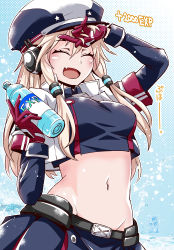 Rule 34 | 1girl, belt, blonde hair, blue oath, blue shirt, bottle, breasts, contrapposto, crop top, cropped jacket, gameplay mechanics, gloves, hair between eyes, hair tubes, hat, headphones, highres, holding, holding bottle, jacket, long hair, long sleeves, medium breasts, midriff, miniskirt, momohara rile, navel, nib pen (medium), oakland (blue oath), open clothes, open jacket, open mouth, pleated skirt, red gloves, red skirt, shirt, sidelocks, skirt, smile, solo, stomach, traditional media, two-tone skirt, white jacket