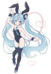 Rule 34 | 1girl, absurdres, adapted costume, animal ears, ankle ribbon, arm at side, bare arms, black footwear, black leotard, black wrist cuffs, blue eyes, blue hair, blue necktie, blue ribbon, boots, breasts, collarbone, commentary, contrapposto, detached collar, dot nose, fake animal ears, floating hair, full body, gluteal fold, groin, hair between eyes, hand up, hatsune miku, heart, heart background, highres, knees together feet apart, leg ribbon, leotard, light blush, long hair, looking at viewer, necktie, parted lips, paya (alunair), playboy bunny, rabbit ears, rabbit tail, revealing clothes, ribbon, shiny skin, simple background, small breasts, solo, standing, standing on one leg, tail, thigh boots, thigh gap, thighhighs, tie clip, tsurime, twintails, very long hair, vocaloid, white background, wrist cuffs, zettai ryouiki