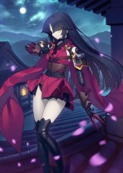 Rule 34 | 1girl, architecture, armor, black hair, cloud, east asian architecture, fate/grand order, fate (series), full moon, holding, holding knife, japanese clothes, katou danzou (fate), kimono, knife, kunai, long hair, looking at viewer, moon, mountain, official art, petals, red kimono, river, short kimono, standing, star (sky), thighhighs, very long hair, weapon, yangsion, yellow eyes, zettai ryouiki