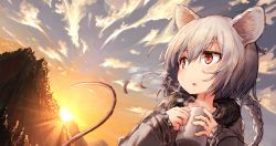 Rule 34 | 1girl, animal ears, beize (garbage), cloud, commentary request, cup, forest, grey hair, mountain, mouse ears, mouse tail, mug, nature, open mouth, red eyes, short hair, sky, solo, steam, tail, upper body