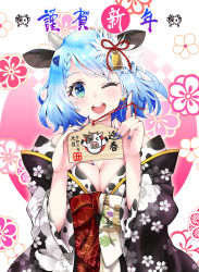 Rule 34 | 1girl, animal ears, bell, blue eyes, blue hair, braid, breasts, chinese zodiac, cleavage, cow ears, cow girl, cow horns, earrings, floral print, hair bell, hair ornament, horns, indie virtual youtuber, japanese clothes, jewelry, kubota masaki, large breasts, mituki kurara, off shoulder, one eye closed, open mouth, round teeth, sign, smile, solo, star (symbol), star earrings, teeth, translation request, upper body, virtual youtuber, year of the ox
