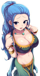 Rule 34 | 1girl, :d, bikini, blue eyes, blue hair, bracelet, breasts, cleavage, crop top, earrings, green bikini, green skirt, groin, highres, jewelry, kasai shin, large breasts, long hair, looking at viewer, navel, necklace, nefertari vivi, one piece, open mouth, ponytail, simple background, skirt, smile, solo, sweatdrop, swimsuit, white background
