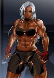 Rule 34 | 1girl, abs, bare shoulders, bike shorts, black bra, black choker, bowalia, bra, breasts, chain-link fence, choker, cleavage, commentary request, cowboy shot, dark-skinned female, dark skin, fence, fingerless gloves, gloves, green eyes, grey hair, medium breasts, midriff, muscular, muscular female, navel, padded gloves, parted lips, red gloves, solo, sports bra, standing, strapless, strapless bra, thick thighs, thighs, underwear, vanessa lewis, very dark skin, virtua fighter