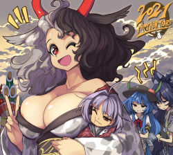 Rule 34 | 2021, 4girls, ahoge, alternate costume, animal ears, animal print, annoyed, apron, areola slip, bamboo, bangle, bangs pinned back, black hair, black headwear, blue eyes, blue hair, blue skirt, bow, bracelet, breast envy, breast press, breasts, carrying, chibi, chibi inset, cleavage, clenched teeth, cloud, cloudy sky, commentary request, covered erect nipples, cow ears, cow horns, cow print, crossed arms, day, debt, expressionless, flat chest, floating hair, food, fruit, grey hair, grey hoodie, hair bow, half-closed eye, half-closed eyes, happy, happy new year, highres, hinanawi tenshi, hood, hood down, hoodie, horns, japanese clothes, jewelry, kimono, large breasts, light blue hair, long hair, long skirt, long sleeves, looking at another, looking at viewer, mini person, minigirl, morning, mountainous horizon, multicolored hair, multiple girls, new year, obi, off shoulder, one eye closed, open mouth, outdoors, peach, pleated skirt, purple hair, red eyes, red horns, red kimono, sash, shaded face, shiny skin, shirt, short hair, short ponytail, short sleeves, skirt, sky, smile, split-color hair, stuffed animal, stuffed cat, stuffed toy, sukuna shinmyoumaru, sunlight, syope, teeth, touhou, two-tone hair, upper body, ushizaki urumi, v, very long hair, waist apron, white apron, white kimono, white shirt, wide sleeves, yorigami shion