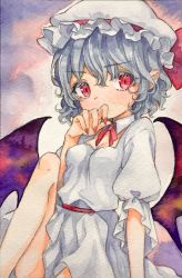 1girl bat_wings bow breasts female_focus hat hat_bow highres mob_cap nail_polish painting_(medium) red_bow red_eyes red_ribbon remilia_scarlet ribbon selenium silver_hair simple_background small_breasts solo touhou traditional_media watercolor_(medium) white_hat wings