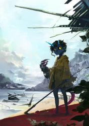 Rule 34 | 1other, ambiguous gender, beach, black hair, black sclera, blue skin, blue sky, broken horn, city, claw (weapon), closed mouth, cloud, cloudy sky, colored sclera, colored skin, day, forest, highres, holding, holding weapon, hood, hood down, horns, jewelry, light rays, monster, moss, mountain, nature, necklace, original, outdoors, plant, pointy ears, raincoat, ruins, scratches, sky, standing, tail, torn clothes, tree, water, weapon, wreckage, yellow eyes, yunar
