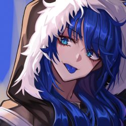 Rule 34 | 1girl, absurdres, arknights, black jacket, blue eyes, blue hair, blue tongue, buckle, colored tongue, demon girl, demon horns, detached wings, energy wings, fkskii65, fur-trimmed hood, fur trim, highres, hood, hood up, hooded jacket, horns, jacket, long hair, looking to the side, mostima (arknights), open mouth, portrait, shirt, solo, tongue, tongue out, white shirt, wings