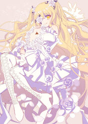 Rule 34 | 1girl, absurdres, bare shoulders, blonde hair, boots, closed mouth, cross-laced footwear, crossed bangs, dress, fingernails, flower, flower eyepatch, flower over eye, gradient background, hair between eyes, hair flower, hair ornament, high heel boots, high heels, highres, juliet sleeves, kirakishou, lace-up boots, lolita fashion, long hair, long sleeves, petals, plant, puffy sleeves, rose, rozen maiden, shocho (shaojiujiu), smile, solo, thigh boots, thighhighs, thorns, two side up, very long hair, vines, wavy hair, white dress, white flower, white footwear, white rose, yellow eyes, zettai ryouiki