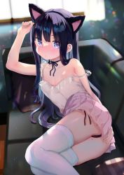 Rule 34 | 1girl, animal ears, arm up, ass, bare arms, bare shoulders, black choker, black hair, black hairband, black panties, blue eyes, blush, breasts, camisole, cat ears, choker, closed mouth, commentary request, couch, fake animal ears, feet out of frame, hairband, indoors, kanro ame (ameko), long hair, looking at viewer, lying, mole, mole on thigh, on couch, on side, original, panties, pantyshot, pleated skirt, side-tie panties, skirt, small breasts, solo, strap slip, sweatdrop, thighhighs, underwear, very long hair, white camisole, white skirt, white thighhighs