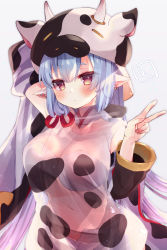 Rule 34 | 1girl, animal ears, animal hat, arm behind head, arm up, armpits, blue hair, blush, breasts, catura (granblue fantasy), cleavage, closed mouth, commentary request, cow ears, cow hat, cow horns, detached sleeves, ear piercing, ebihara beniko, fake animal ears, gradient hair, granblue fantasy, grey background, hair between eyes, hand up, hat, highres, horns, long hair, long sleeves, looking at viewer, medium breasts, multicolored hair, navel, piercing, purple hair, see-through, simple background, solo, thick eyebrows, upper body, v, very long hair, wide sleeves
