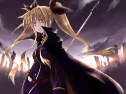 Rule 34 | 00s, 1girl, bardiche (nanoha), belt, blonde hair, buckle, buttons, cape, crossover, double-breasted, fate/stay night, fate (series), fate testarossa, fate testarossa (impulse form), holding, holding weapon, long hair, long sleeves, looking at viewer, lyrical nanoha, mahou shoujo lyrical nanoha, mahou shoujo lyrical nanoha strikers, nekokun, polearm, red eyes, rod, sidelocks, solo, staff, very long hair, weapon