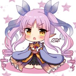 Rule 34 | 1girl, :o, blush, brown eyes, chibi, commentary request, cupcake, dress, food, frilled sleeves, frills, hair ribbon, heart, heart in eye, highres, holding, holding food, kyoka (princess connect!), long hair, long sleeves, looking at viewer, nyano21, open mouth, pink hair, pointy ears, princess connect!, purple dress, purple ribbon, ribbon, ringlets, see-through, sidelocks, signature, sitting, sleeves past wrists, solo, star (symbol), starry background, symbol in eye, twintails, v-shaped eyebrows, very long hair, wariza, white background, wide sleeves
