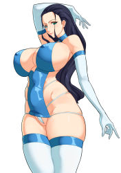 Rule 34 | 1girl, 47 hard, bare shoulders, black hair, blue dress, blue eyes, breasts, cameltoe, cleavage, cleft of venus, covered erect nipples, cowboy shot, dress, elbow gloves, gloves, hair slicked back, highres, large breasts, long hair, looking at viewer, nico robin, one piece, partially visible vulva, revealing clothes, short dress, sideboob, sidelocks, simple background, sleeveless, solo, standing, thighhighs, white background, white gloves, white thighhighs
