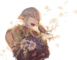 Rule 34 | 1boy, armor, black gloves, blue flower, bouquet, chainmail, closed eyes, earrings, elf, fajyobore, final fantasy, final fantasy xiv, flower, gloves, gold armor, greaves, hair between eyes, haurchefant de fortemps, haurchefant greystone, holding, holding bouquet, holding flower, jewelry, lily (flower), male focus, open mouth, pauldrons, petals, pointy ears, shoulder armor, simple background, smile, solo, sunflower, teeth, tongue, white background, white flower, white hair, white lily
