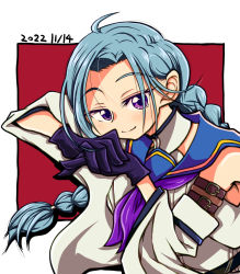 Rule 34 | 1girl, ahoge, assault lily, belt, belt buckle, blue hair, blue sailor collar, border, braid, braided ponytail, brown belt, buckle, closed mouth, commentary request, dated, detached sleeves, gloves, hair behind ear, hands up, head on arm, head rest, igusa subaru, koukyou no teki, layered sleeves, long hair, looking at viewer, low ponytail, neckerchief, odaiba girls high school uniform, outside border, own hands together, parted bangs, purple eyes, purple gloves, purple neckerchief, red background, sailor collar, school uniform, serafuku, shirt, simple background, single braid, skindentation, sleeveless, sleeveless shirt, smile, solo, upper body, white border, white shirt, wide sleeves