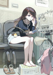 Rule 34 | 1girl, adjusting earphones, bare legs, barefoot, black eyes, black hair, black shirt, cellphone, commentary request, earphones, full body, grey shorts, highres, holding, holding phone, indoors, leaning forward, long hair, long sleeves, office lady taiwan, on chair, open mouth, original, phone, sandals, shirt, shorts, sitting, slippers, smartphone, solo, taiwan, tennohi, unworn sandals