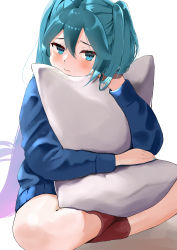 Rule 34 | 1girl, absurdres, aqua eyes, aqua hair, aqua nails, blue sweater, commentary, furrowed brow, hatsune miku, highres, crossed legs, long hair, looking at viewer, making-of available, nail polish, hugging object, pillow, pillow hug, pout, sidelighting, sitting, socks, solo, sweater, tsunagi 1111, twintails, very long hair, vocaloid, white background