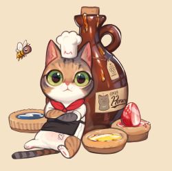 Rule 34 | apron, bee, black apron, brown background, bug, cat, chef hat, cookie, food, green eyes, hat, highres, honey, insect, looking at viewer, no humans, original, rinotuna, shirt, simple background, sitting, solo, white shirt