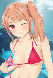 Rule 34 | 1girl, bikini, breasts, breasts out, brown eyes, clothes pull, looking at viewer, medium breasts, n.g., nipples, one breast out, one eye closed, orange hair, original, side ponytail, smile, solo, swimsuit, upper body