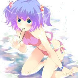 Rule 34 | 1girl, bad id, bad pixiv id, barefoot, bikini, blue eyes, blue hair, breasts, female focus, gradient background, hair bobbles, hair ornament, kawashiro nitori, key, matching hair/eyes, mouth hold, solo, swimsuit, touhou, twintails, two side up, white background, yatomi