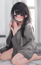Rule 34 | 1girl, bed, black choker, black hair, blue eyes, choker, commentary, cup, curtains, highres, holding, holding cup, indoors, jewelry, kudou (sikisiki0000), long hair, looking at viewer, necklace, on bed, original, pillow, solo, sweat, thighs, twitter username, window