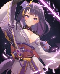 Rule 34 | 1girl, absurdres, arm at side, arm up, blush, braid, breasts, choker, cleavage, dark background, electricity, flower, genshin impact, hair flower, hair ornament, highres, holding, holding sword, holding weapon, japanese clothes, kimono, large breasts, light particles, looking at viewer, low-braided long hair, low-tied long hair, mitsudomoe (shape), mole, mole under eye, musou isshin (genshin impact), neil (neil nim), obi, obiage, obijime, print kimono, purple background, purple eyes, purple flower, purple hair, purple kimono, purple rope, raiden shogun, red ribbon, ribbon, ribbon choker, rope, sash, shrug (clothing), smile, solo, sword, tassel, tomoe (symbol), upper body, weapon, yellow rope