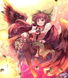 Rule 34 | :d, arm cannon, asymmetrical legwear, bird wings, black hair, black thighhighs, black wings, bow, breasts, cape, commentary, full body, green bow, green skirt, hair bow, highres, index finger raised, kemo chiharu, large breasts, long hair, mismatched legwear, open mouth, red eyes, reiuji utsuho, shirt, signature, skirt, smile, thighhighs, third eye, touhou, weapon, white cape, white shirt, wings
