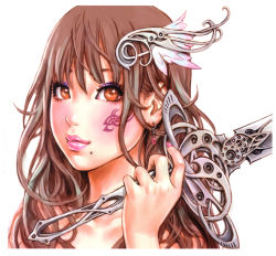 Rule 34 | 1girl, brown hair, facial tattoo, hair ornament, highres, holding, holding sword, holding weapon, lipstick, long hair, makeup, nail polish, pink nails, portrait, simple background, solo, sword, tattoo, weapon, white background, wild flower, yamashita shun&#039;ya