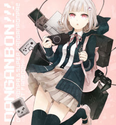 Rule 34 | 10s, 1girl, backpack, bag, black thighhighs, blazer, brown hair, buzz (moi), copyright name, danganronpa (series), danganronpa 2: goodbye despair, hair ornament, hairclip, handheld game console, jacket, looking at viewer, mary janes, nanami chiaki, necktie, nintendo ds, open mouth, pink footwear, playstation portable, pleated skirt, red eyes, ribbon, school uniform, shoes, skirt, solo, thighhighs, zettai ryouiki