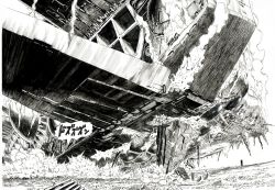 Rule 34 | building, destruction, greyscale, highres, monochrome, murata yuusuke, no humans, official art, one-punch man, scan, scenery, skyscraper, spacecraft, traditional media