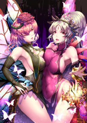 Rule 34 | 2girls, ass, asymmetrical docking, bare shoulders, blonde hair, breast press, breasts, bug, butterfly, covered navel, finger to mouth, fire emblem, fire emblem heroes, hand on own hip, highres, insect, large breasts, looking at viewer, multiple girls, navel, nintendo, plumeria (fire emblem), reaching, reaching towards viewer, red eyes, red hair, tagme, thighs, triandra (fire emblem)