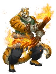 1boy black_footwear black_pants bracelet claw_(weapon) fighting_stance fire full_body fur_trim furry furry_male green_shirt jewelry k_macchina male_focus muscular muscular_male original pants pectorals shirt solo spiked_bracelet spikes standing tail tiger weapon white_background