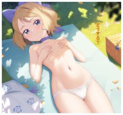 Rule 34 | 1girl, basket, blonde hair, blue eyes, blush, border, bow, breasts, choker, closed mouth, commentary, covering breasts, covering privates, creatures (company), day, eyelashes, game freak, gazing eye, grass, hair bow, hands up, highres, leaf, looking at viewer, lying, medium breasts, navel, nintendo, on back, outdoors, panties, picnic blanket, pokemon, pokemon (anime), pokemon the movie: diancie and the cocoon of destruction, pokemon xy (anime), purple choker, serena (pokemon), shadow, short hair, small breasts, smile, solo, topless, translation request, underwear, white border, white panties