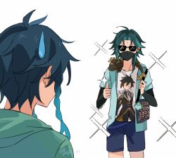 2boys ahoge ala98327 alternate_costume bag blue_hoodie blue_shorts braided_sidelock character_charm character_print charm_(object) colored_inner_hair comedic_sweatdrop contemporary creature creature_on_shoulder dragon facing_another genshin_impact green_hoodie hands_up highres holding_strap hood hood_down hoodie layered_sleeves long_sleeves male_focus mask merchandise middle_part mini_dragon mouth_mask multicolored_hair multiple_boys on_shoulder open_clothes open_hoodie print_shirt shirt short_over_long_sleeves short_sleeves shorts shoulder_bag signature simple_background streaked_hair stuffed_animal stuffed_bird stuffed_toy sunglasses sweatdrop t-shirt thumbs_up venti_(genshin_impact) white_background white_shirt xiao_(bird)_(genshin_impact) xiao_(genshin_impact) zhongli_(genshin_impact)